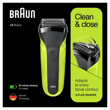 Braun Series 3 300 Rasoio Elettrico Barba, Nero/Verde Elettrico