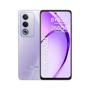 OPPO A80 5G Smartphone, AI Doppia Fotocamera 50+2MP, Selfie 8MP, Display 6.67” 120HZ LCD HD+, 5100mAh, RAM 16 GB (8+8) + ROM 256GB, IP54, [Versione Italia], Moonlight Purple