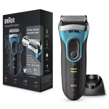 Braun Series 3 ProSkin 3080s Rasoio Barba Elettrico A Lamina Wet&Dry Ricaricabile Nero/Blu