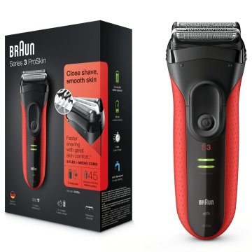 Braun Series 3 ProSkin 3030s Rasoio Barba Elettrico A Lamina Senza Fili, Nero/Rosso