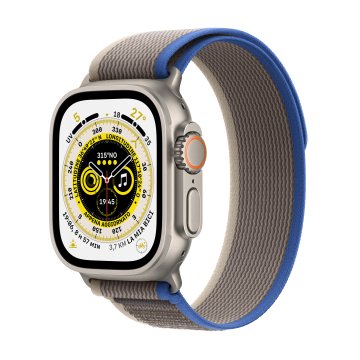 Apple Watch Ultra GPS + Cellular, 49mm Cassa in Titanio con Cinturino Trail Loop Blu/Grigio - M/L