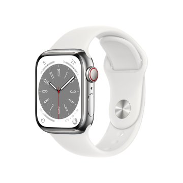 Apple Watch Series 8 GPS + Cellular 41mm Cassa in Acciaio Inossidabile color Argento con Cinturino Sport Band Bianco - Regular