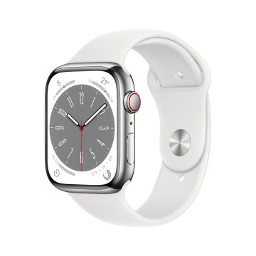 Apple Watch Series 8 GPS + Cellular 45mm Cassa in Acciaio Inossidabile color Argento con Cinturino Sport Band Bianco - Regular