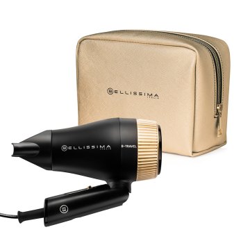 Bellissima Imetec B-Travel Asciugacapelli da viaggio, portatile e compatto, 1400 W, manico pieghevole, doppio voltaggio, concentratore di precisione, 2 combinazioni aria/temperatura, custodia da viagg