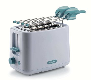 Ariete 157 Tostapane Breakfast, 760W, Capacità 2 fette di pane, Pinze in acciaio inox, 7 livelli di doratura, Pulsante stop, Tocco freddo, Bianco & Aegean Teal