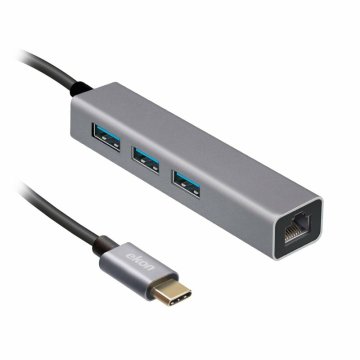 Ekon Hub in alluminio con 3 porte USB 3.0, cavo USB-C e porta Ethernet RJ45