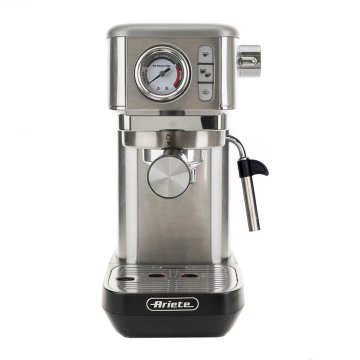 Ariete 1381 Macchina da caffè con manometro, compatibile con caffè in polvere e cialde ESE, 1300 W, Capacità 1,1 L, 15 bar di pressione, Filtro ½ tazze, Dispositivo Cappuccino, Argento